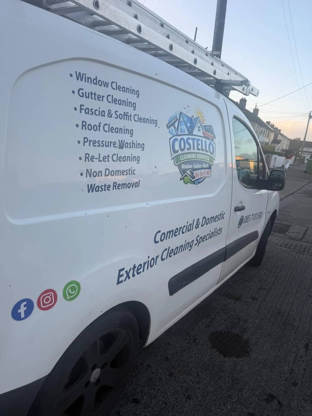 Costello Cleaning Services van with ladders and service list